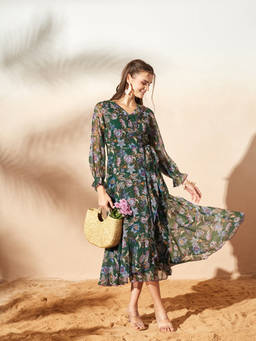 Miss Chase - Women Multicolored Forest Green Bohemian Ruffled Midi Dress