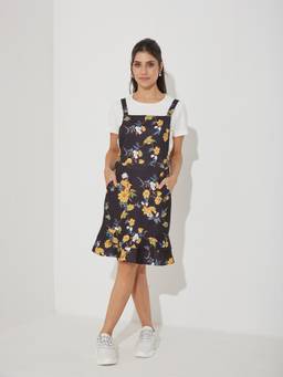Miss Chase - Women Black Floral Pinafore Dress with T-Shirt