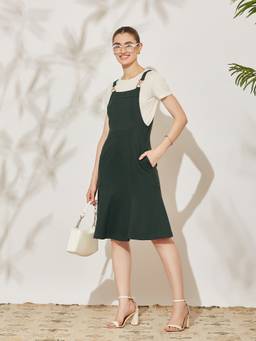 Miss Chase - Women Green Solid Pinafore Knee-Length Dress with T-Shirt