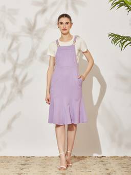 Miss Chase - Women Lavender Solid Pinafore Knee-Length Dress with T-Shirt