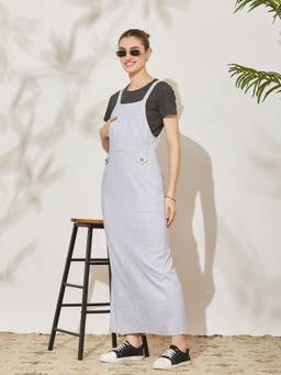 Miss Chase - Women Grey Solid Cotton Pinafore Maxi Cotton Dress with T-Shirt