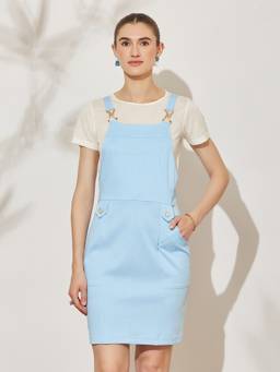 Miss Chase - Women Sky Blue Solid Pinafore Cotton Dress with T-Shirt