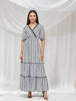 Miss Chase - Women Black White Puff Sleeve Striped Wrap Maxi Dress