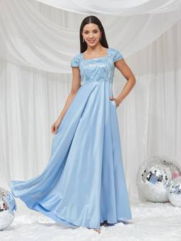 Miss Chase - Women Powder Blue Square Neck Embroidered Satin Maxi Dress