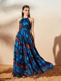 Miss Chase - Women Navy Blue Tie-Up Abstract Fit Flare Maxi Dress