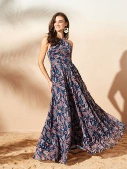 Miss Chase - Women Blue Tie-Up Abstract Maxi Dress