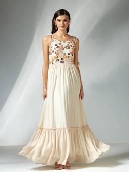 Miss Chase - Women Cream Boat Neck Shoulder Tie-Up Tiered Maxi Dress