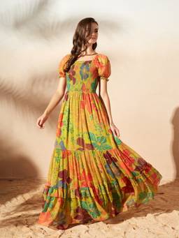 Miss Chase - Women Lime Green Square Neck Floral Maxi Dress
