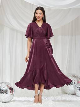 Miss Chase - Women Wine V-Neck Flared Solid Overlap Midi Satin Dress