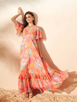 Miss Chase - Women Light Orange Sweetheart Tie-Up Maxi Dress
