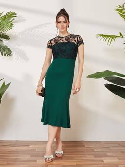 Miss Chase - Women Dark Green Lace-Overlaid Longline Dress