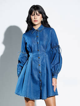 Miss Chase - Women Navy Blue Pleated Denim Shirt Dress