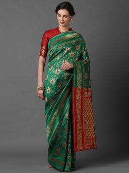 Akhilam - Green & Red Wedding Silk Blend Woven Design Saree with Unstitched