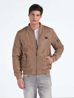 Flying Machine - Beige Stand Collar Solid Quilted Jacket