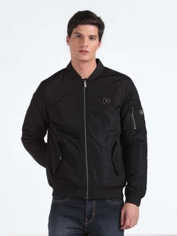 Flying Machine - Black Stand Collar Solid Quilted Jacket
