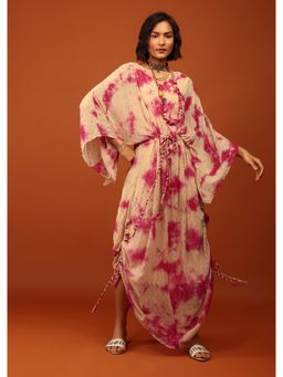 KALKI FASHION - Cream & Pink Tie Dye Kaftan with Inner and Tie-up Tassel Dori (Set of 2)