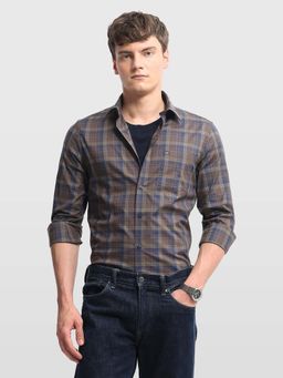 Arrow Sports - Mens Tartan Checked Chelsea Slim Fit Shirt Brown