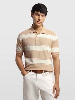 Arrow Sports - Mens Horizontal Striped Regular Fit Polo T-Shirt Beige