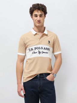 U.S. POLO ASSN. - Mens Colorblocked Brand Embroidered Slim Fit Polo T-Shirt Beige