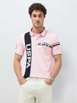 U.S. POLO ASSN. - Mens Colorblocked Brand Embroidered Slim Fit Polo T-Shirt Pink