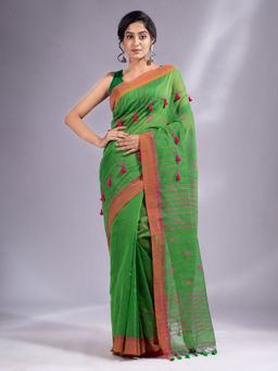 CHARUKRITI - Green Cotton Blend Handwoven Soft Saree with Unstitched Blouse