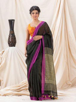 Angoshobha - Traditional Dark Green Soft Linen Tangail Saree with Unstitched Blouse