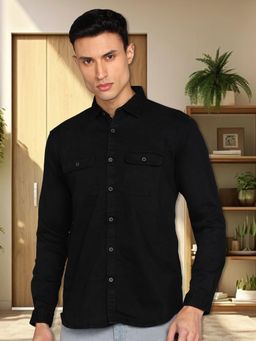 KUONS AVENUE - Men's Black Double Pocket Cotton Twill Casual Shirt