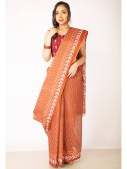 Unnati Silks - Rust Pure Krisha Block Printed Cotton Saree with Unstitched Blouse