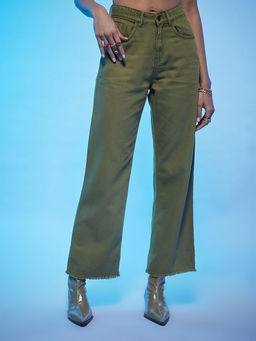 MIXT by Nykaa Fashion - Olive Green High Waist Wide Leg Jeans