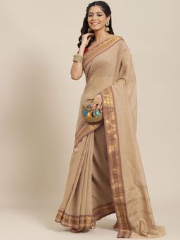 ISHIN - Womens Cotton Blend Beige Solid Woven Design Saree with Unstitched Blouse