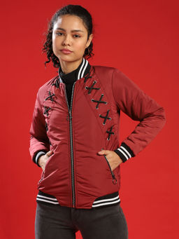 Campus Sutra - Red Women Solid Stylish Casual Bomber Jacket