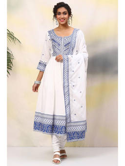 Biba - White And Blue Cotton Anarkali Suit (set Of 3)
