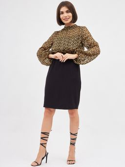 Kibo - Womens Chiffon Black Geometric Balloon Sleeve Dress