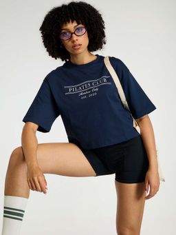 Cava Athleisure - Navy Blue Printed Oversized T-Shirt