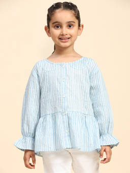 Maaesa - Girls Sky Blue Cotton Stripe Shirt