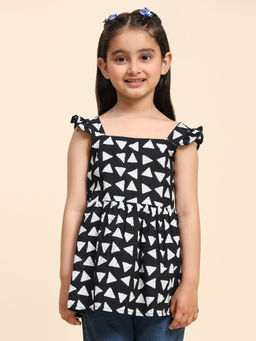 Maaesa - Girls Black Cotton Geometric Print Top