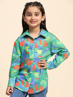 Maaesa - Girls Light Green Cotton Printed Shirt