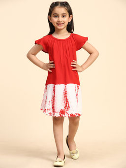 Maaesa - Girls Red Rayon Tie & Dye Knee Length Dress