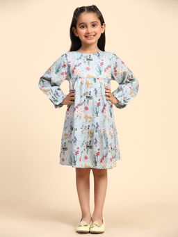Maaesa - Girls Blue Cotton Floral Knee Length Dress