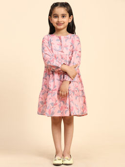 Maaesa - Girls Pink Cotton Printed Knee Length Dress