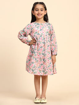 Maaesa - Girls Multi-Color Cotton Floral Knee Length Dress