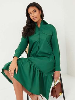 Styli - Green Long Sleeves Collared Tiered Midi Dress With Flap Pocket Detail