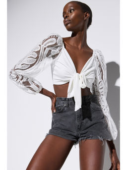 No Matter What - White Front Tie Laced Sleeve Crop Top