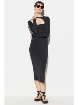 No Matter What - Black Side Slit & Chest Window Detailing Midi Dress