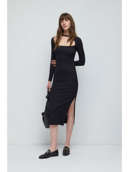 No Matter What - Black Side Slit Chest Window Detailing Midi Dress