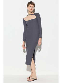 No Matter What - Grey Side Slit Chest Window Detailing Midi Dress