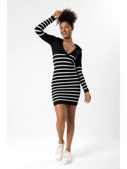 No Matter What - Black Stripped Long Sleeve Seamless Polo Dress