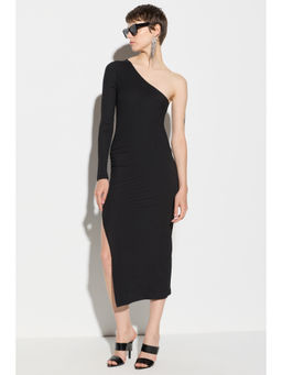 No Matter What - Black One Shoulder Midi Slit Dress