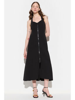 No Matter What - Black Neck Strapped Front Zipper Backless Midi Dress