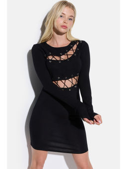 No Matter What - Black Eyelet & Rope Detailed Black Dress